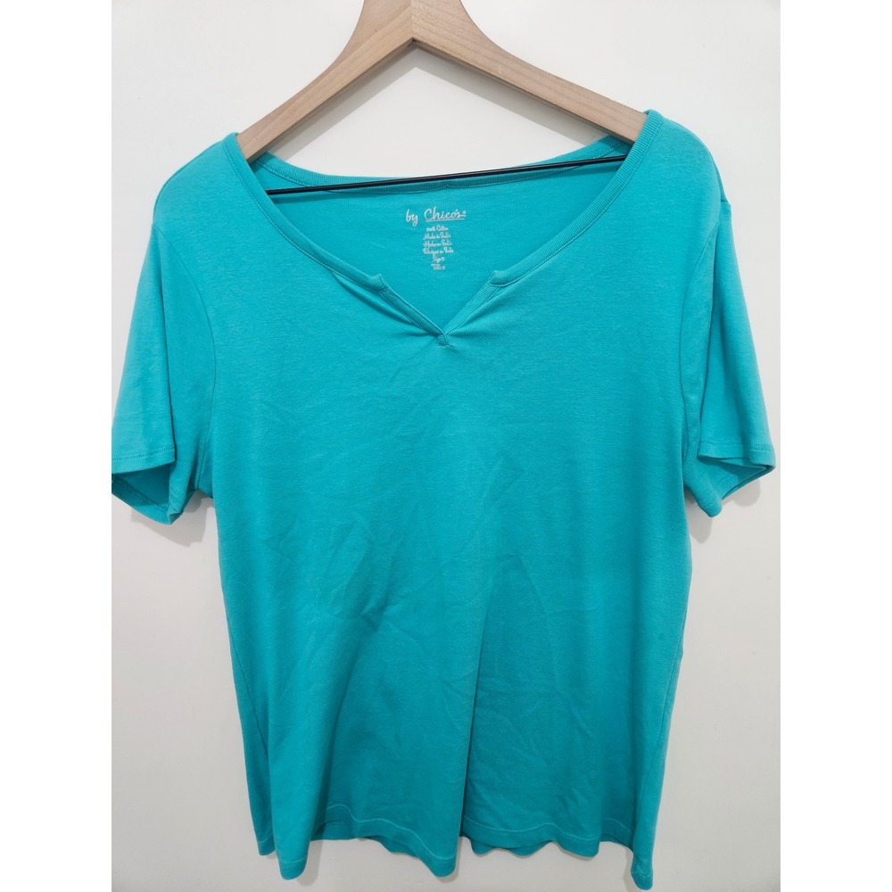 Chico's Teal Blue Cotton Ribbed Notched‎ V-Neck Short Sleeve Tee Shirt Size 2 L